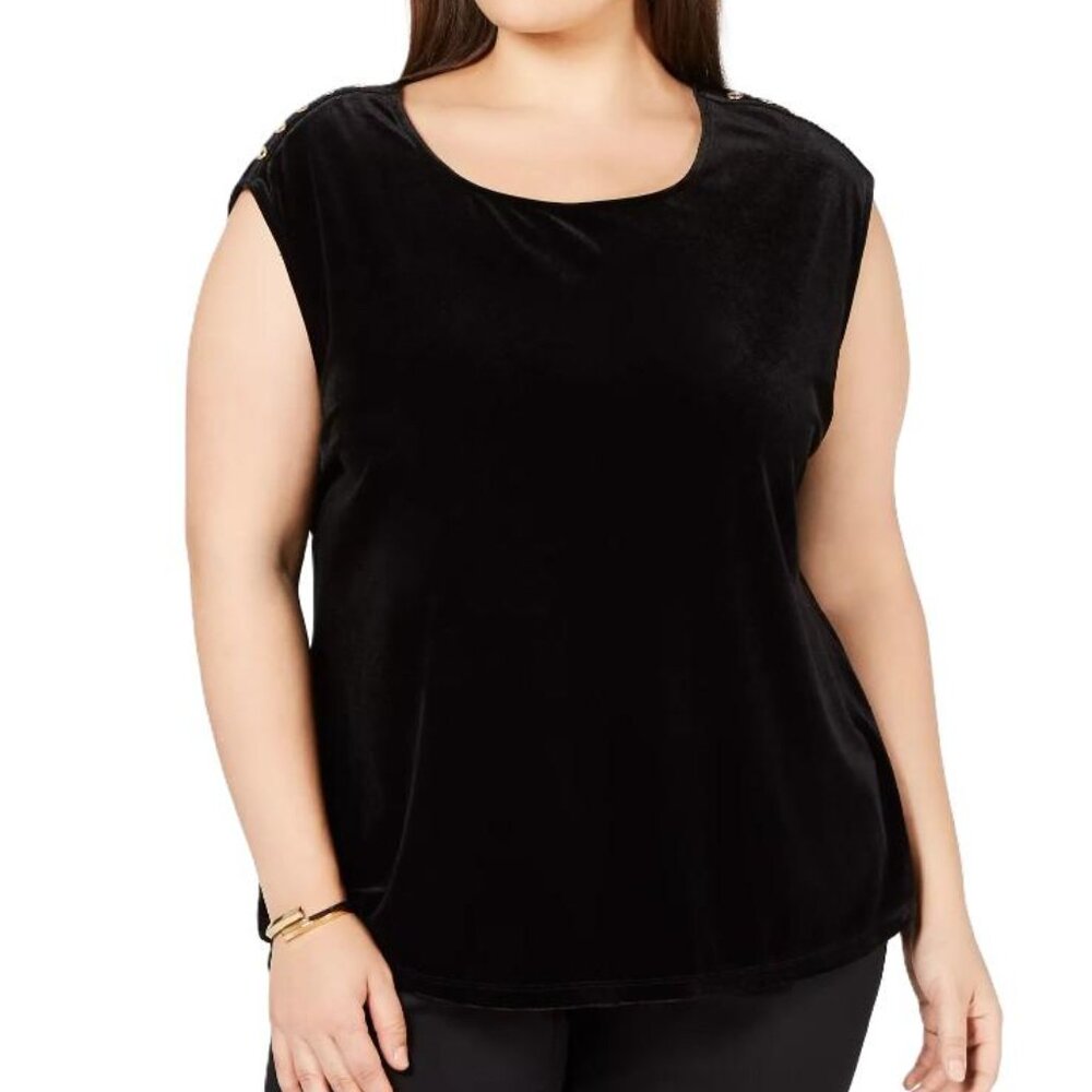 CALVIN KLEIN | Black Velour Button-Shoulder Cap-Sleeve Top